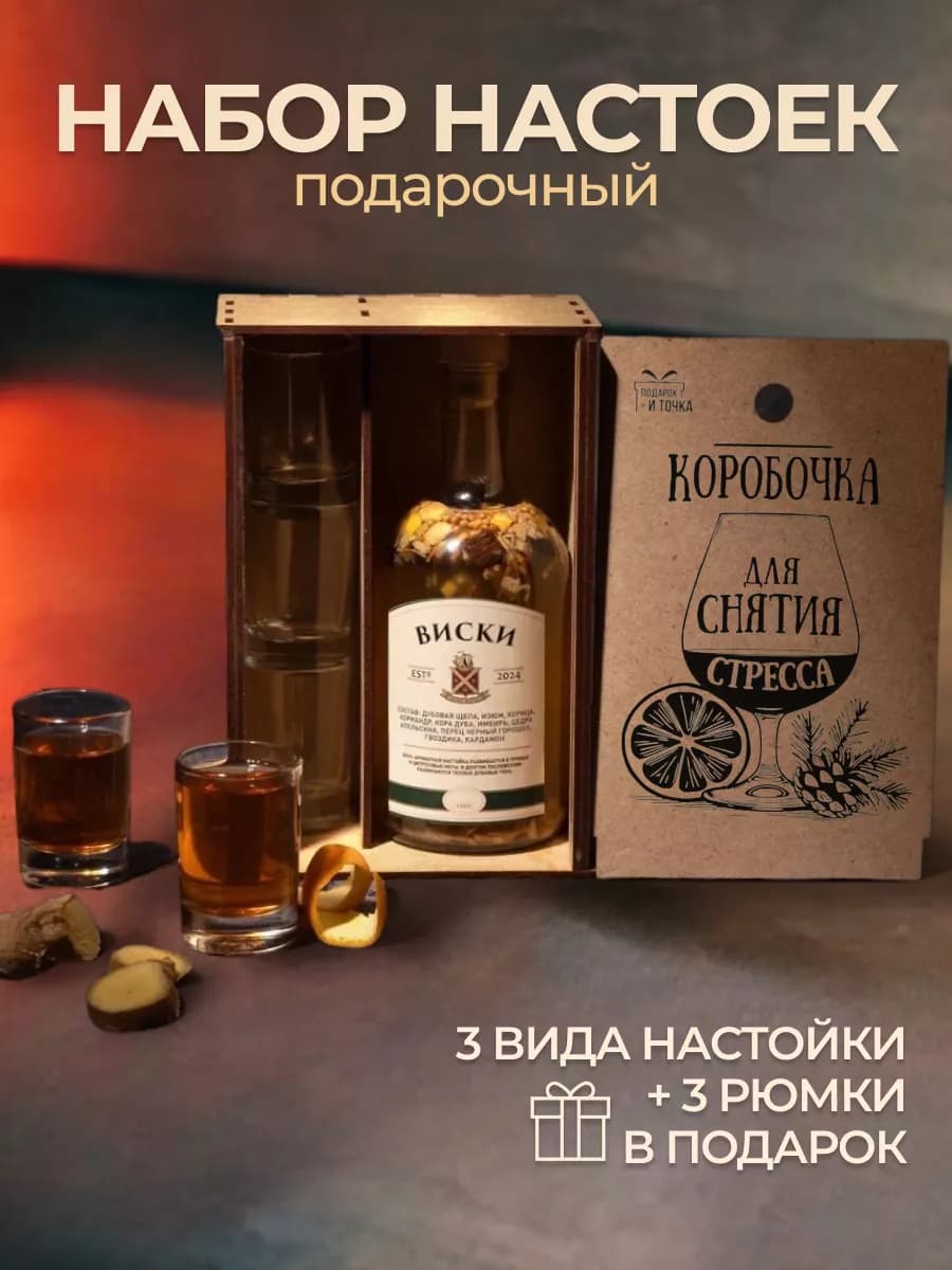 Подарок на 23 Февраля подарочный набор настоек с рюмками