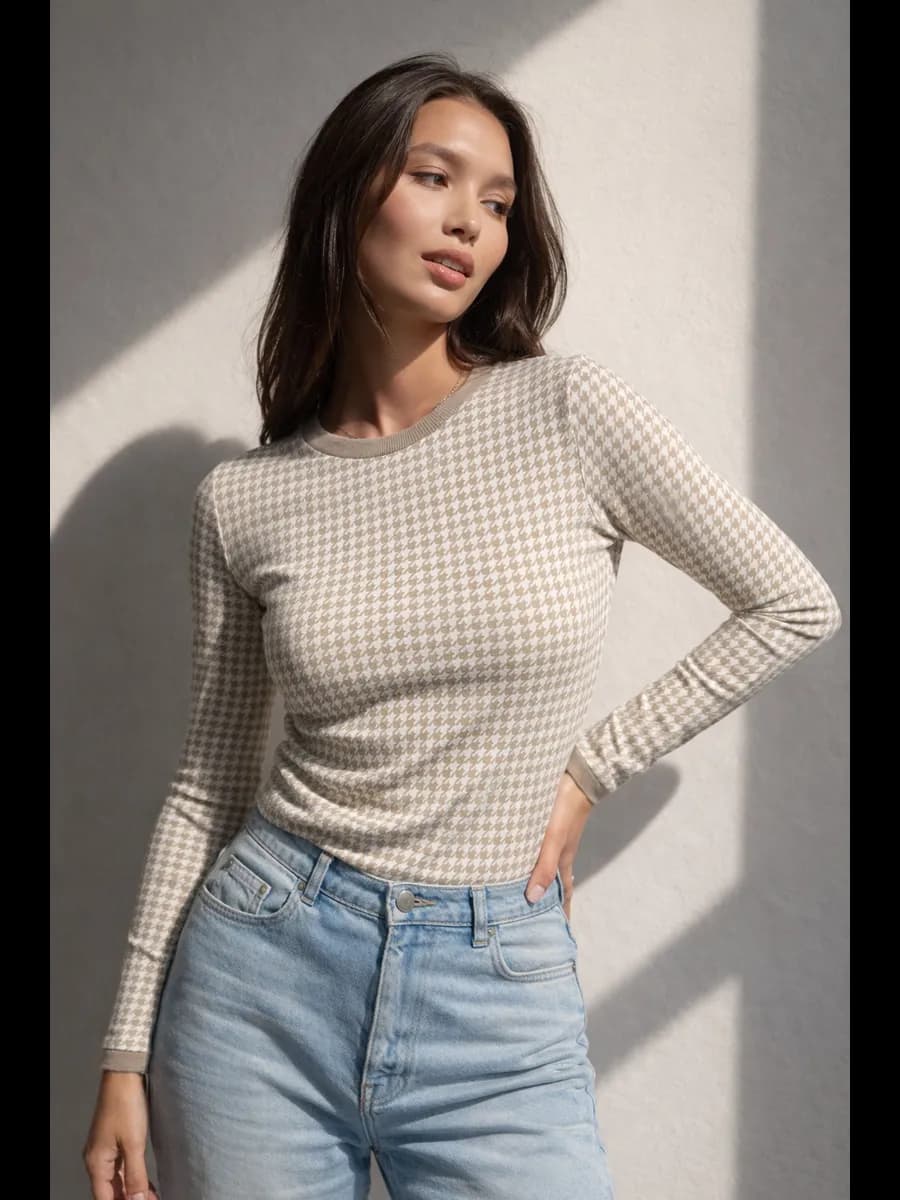 Лонгслив облегающий с принтом гусиная лапка