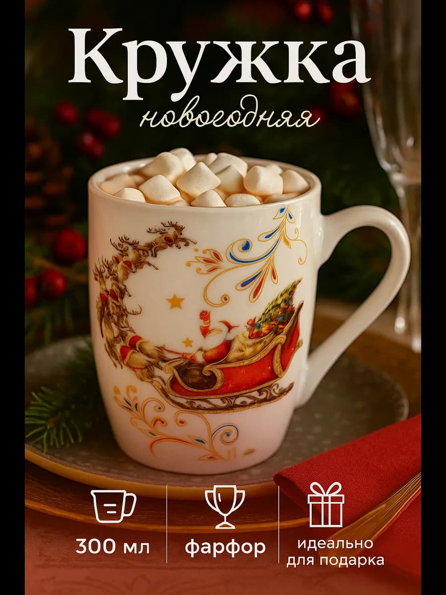 Новогодняя подарочная кружка для чая и кофе 300 мл «Сани»