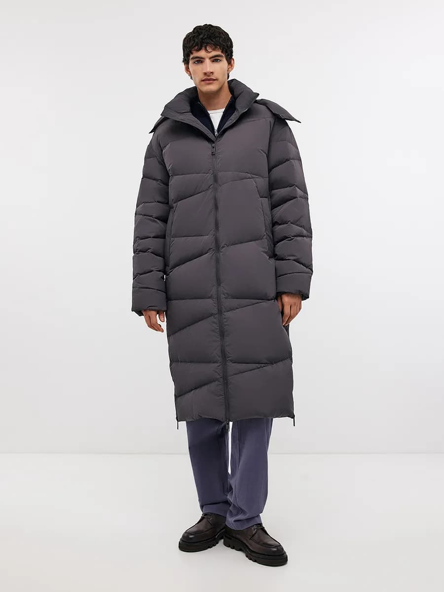 Стеганое длинное пуховое пальто с капюшоном