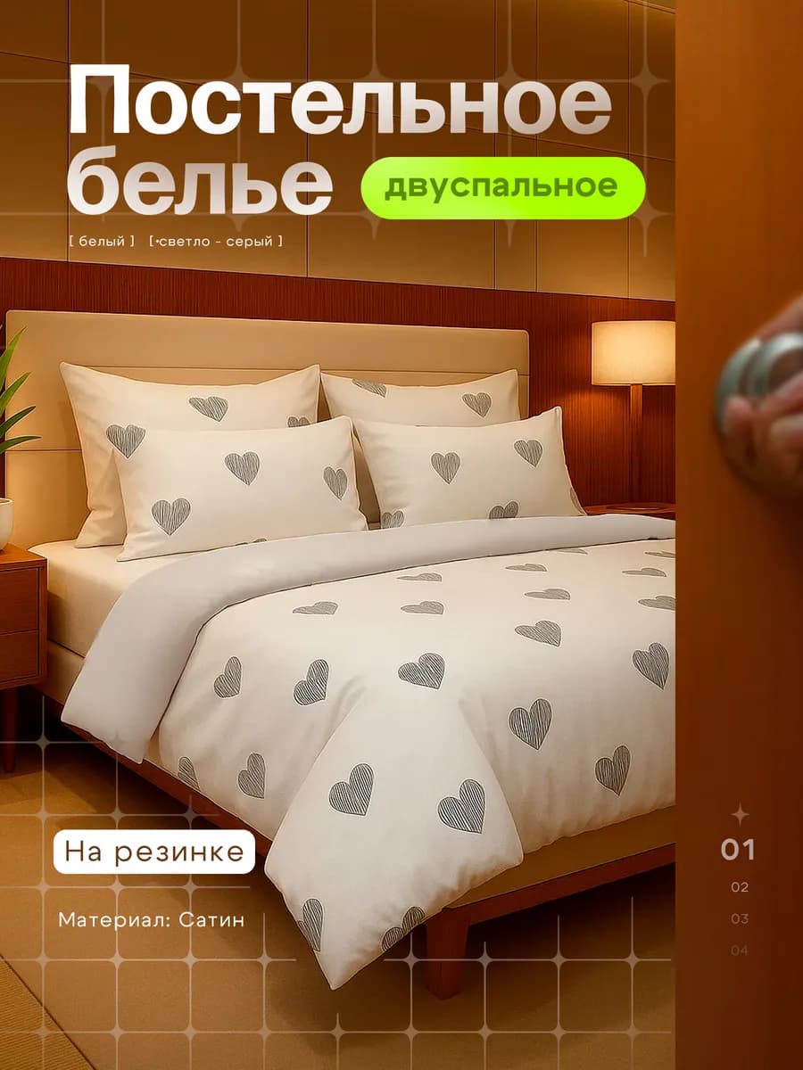 Постельное белье 2 спальное на резинке сатин