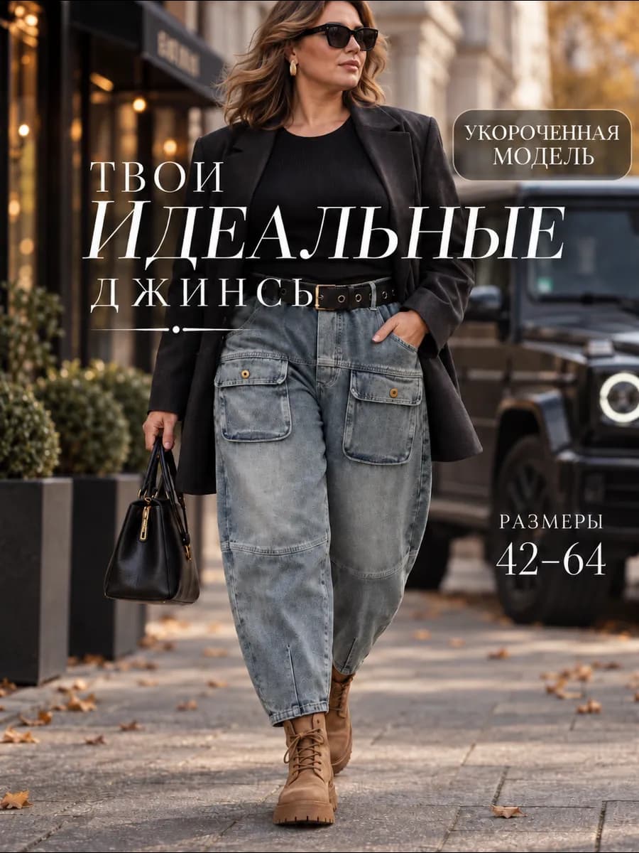 Джинсы багги широкие укороченные на резинке большие размеры
