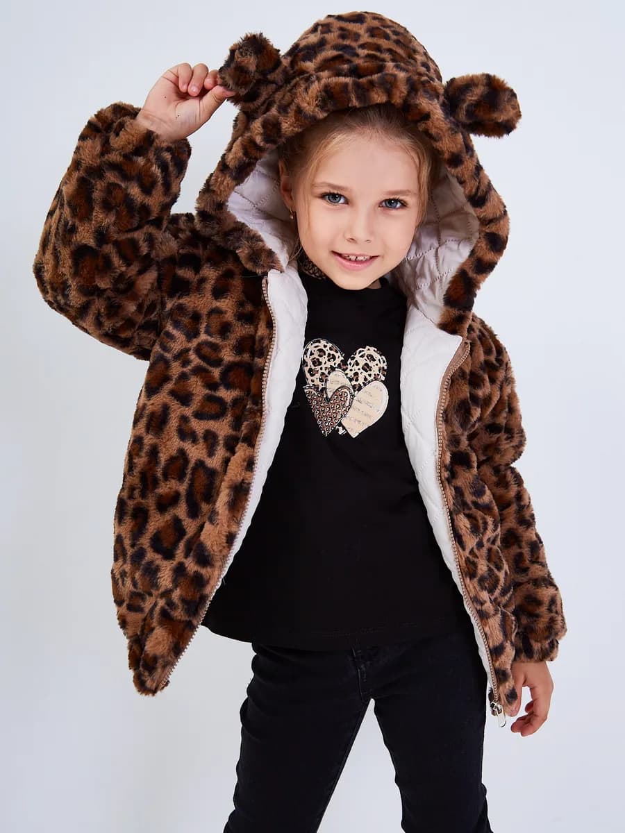 Куртка осенняя для девочки плюшевая леопардовая с ушками