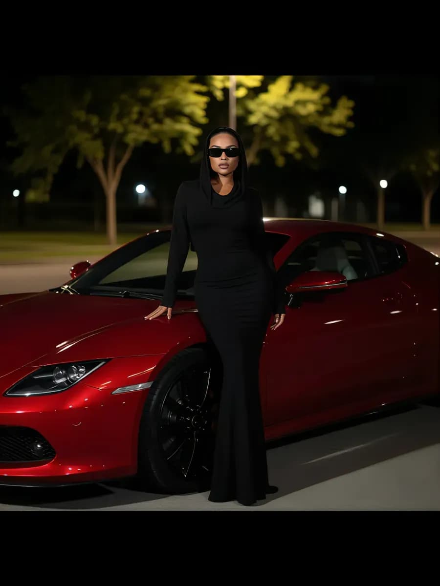 Платье с капюшоном облегающее длинное черное