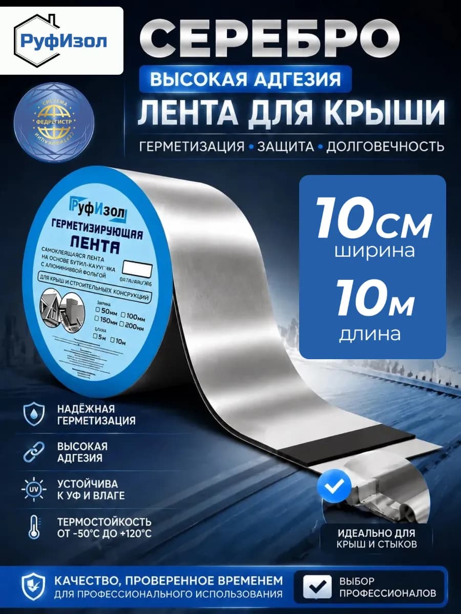 Герметизирующая кровельная лента 100 мм х 10 м, серебро 1 шт