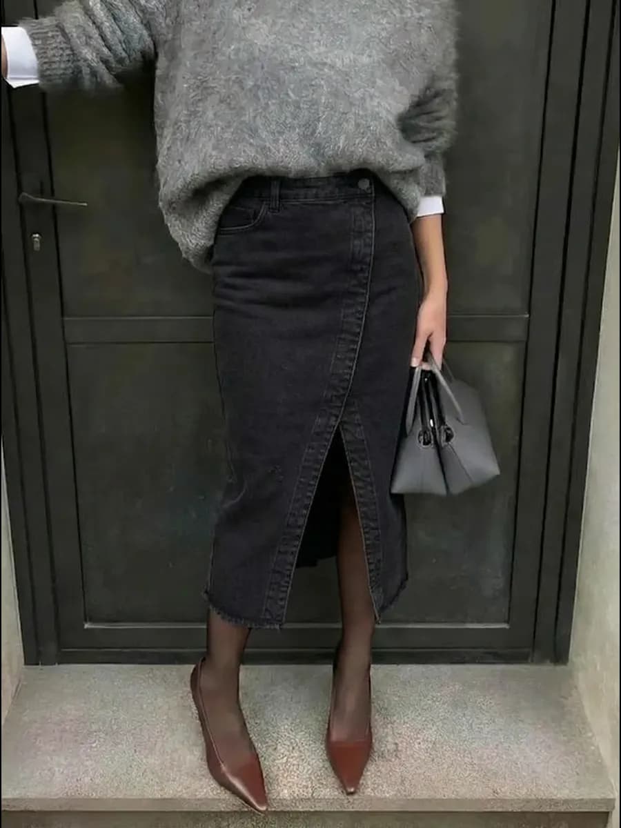 Юбка джинсовая миди карандаш с разрезом летняя