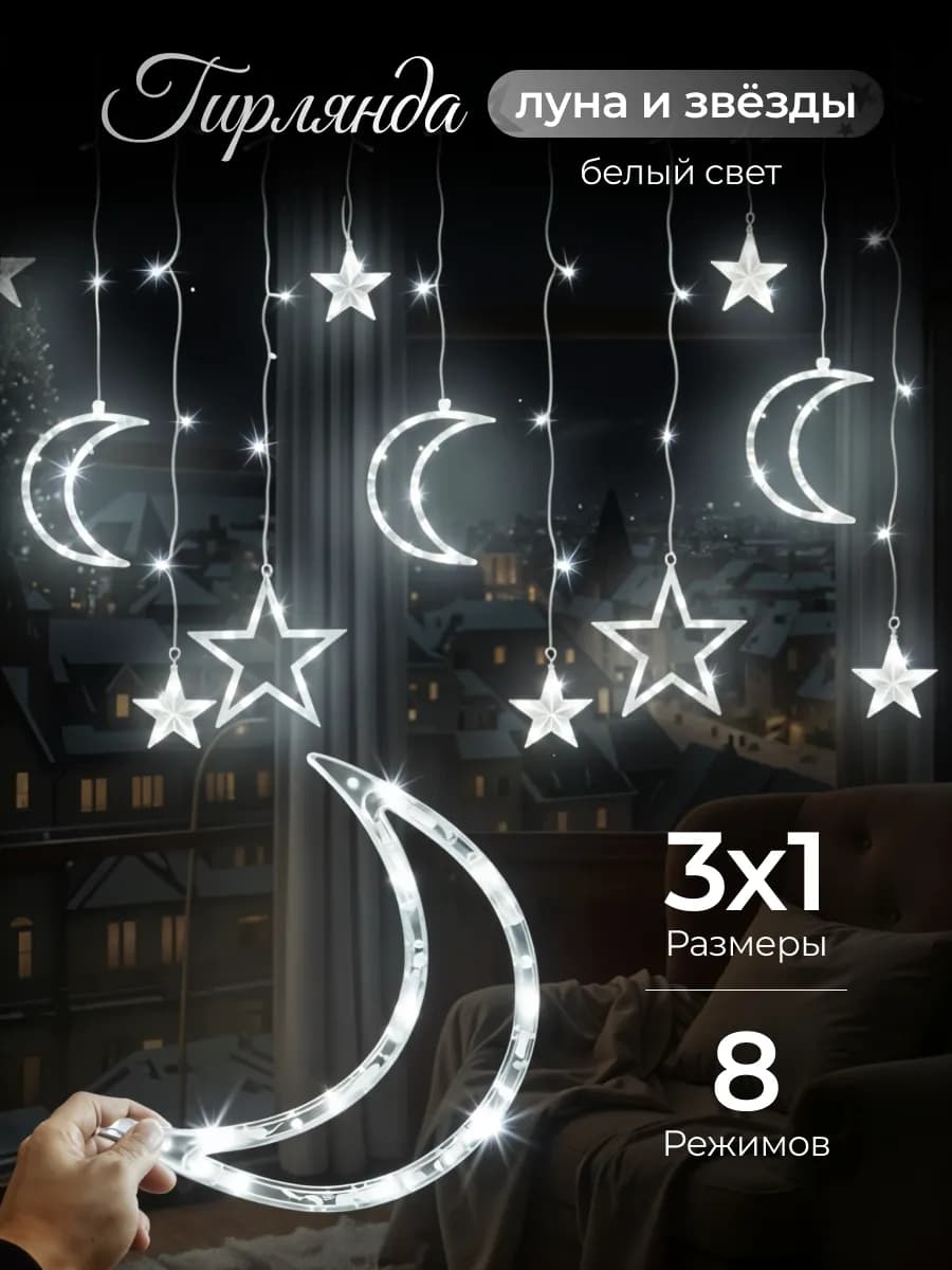 Гирлянда штора на окно интерьерная звезды и луна на Рамадан