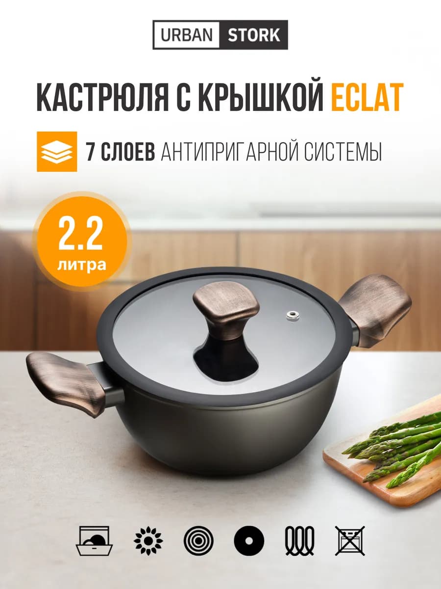 Кастрюля 2,2 л для индукционной плиты с крышкой - фото 1