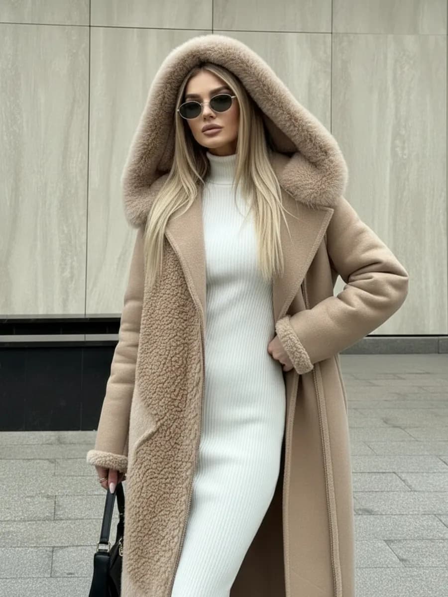 Дубленка зимняя двухсторонняя с капюшоном - фото 1