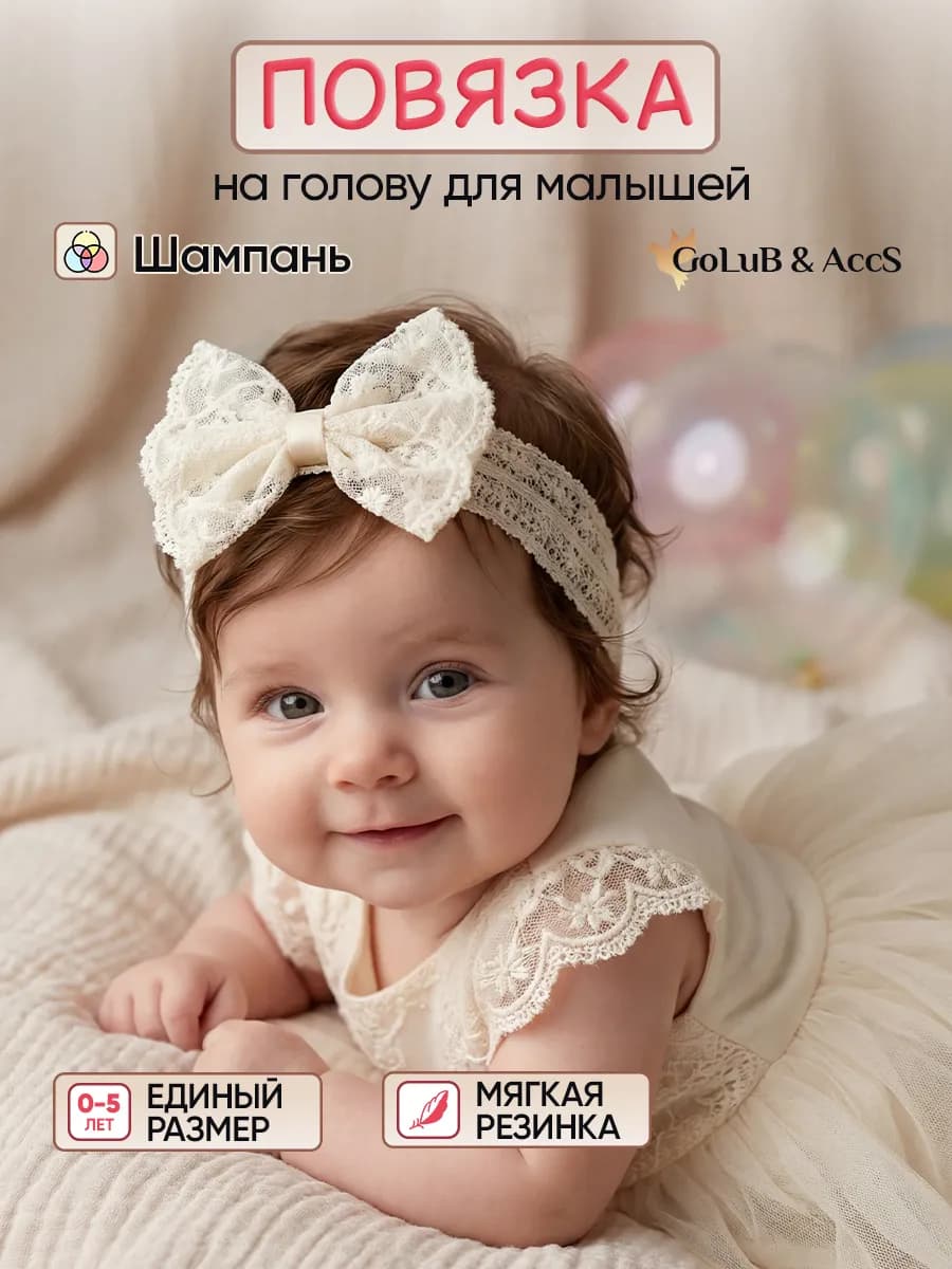 Повязка на голову для новорожденных с бантиком кружево