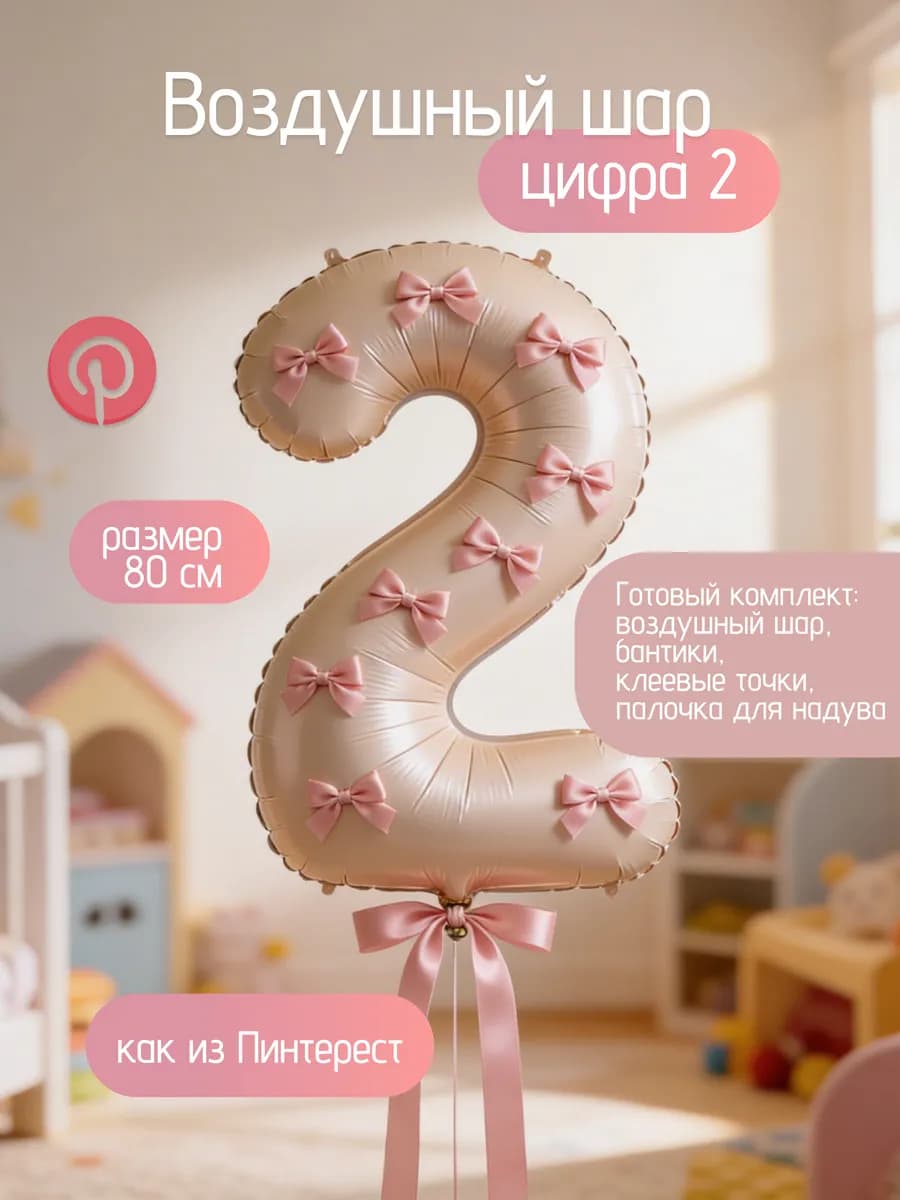 Воздушный фольгированный шар цифра 2 с бантиками