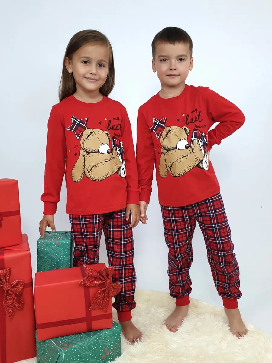 Пижама новогодняя детская со штанами в клетку