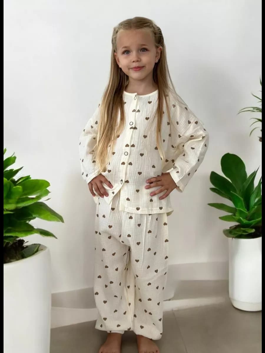 Муслиновая пижама детская костюм белый с сердечками