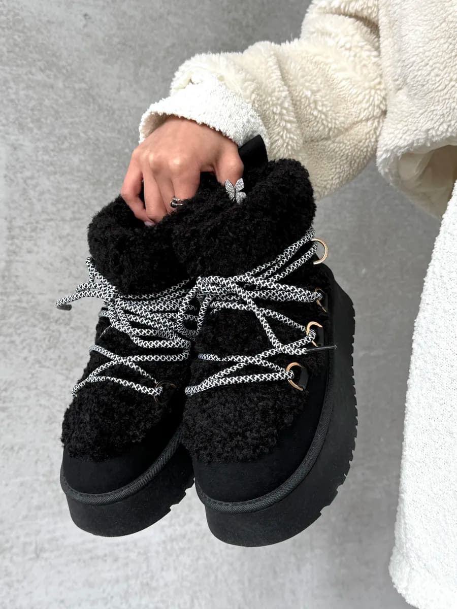 Короткие угги зимние на платформе шнуровка - фото 1