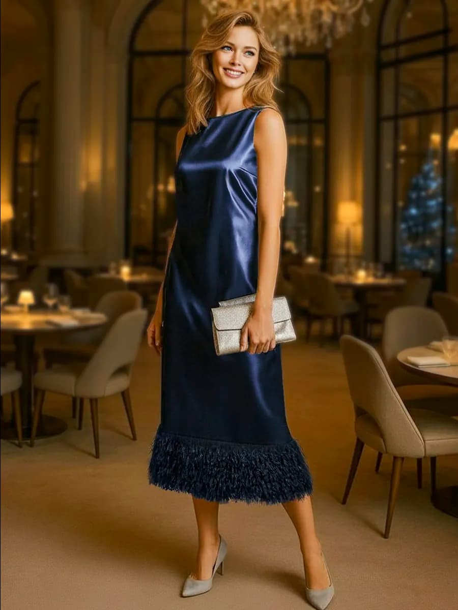 Платье трапеция вечернее с перьями атласное коктейльное миди