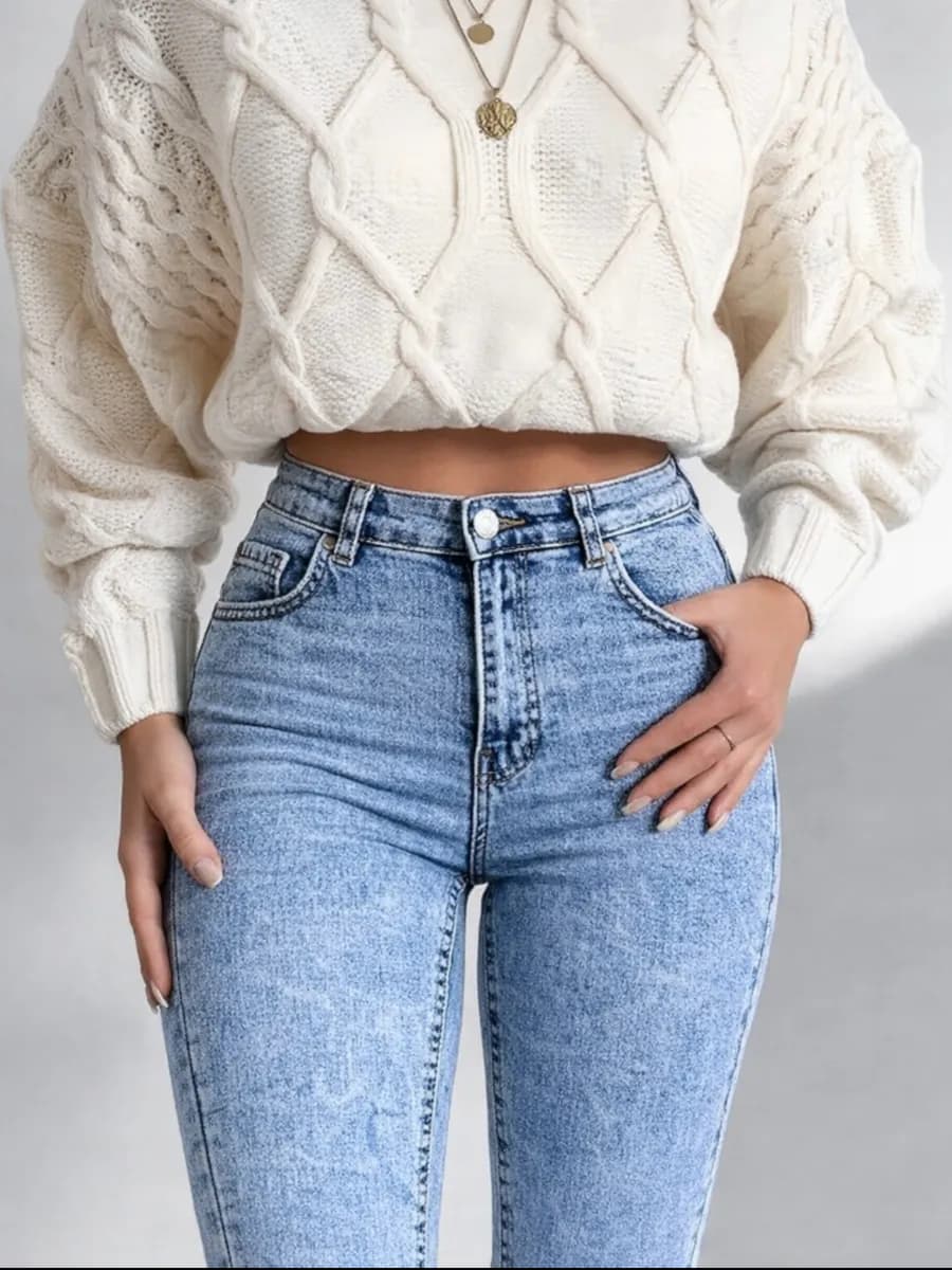 Джинсы скинни вареные голубые с высокой посадкой стрейч