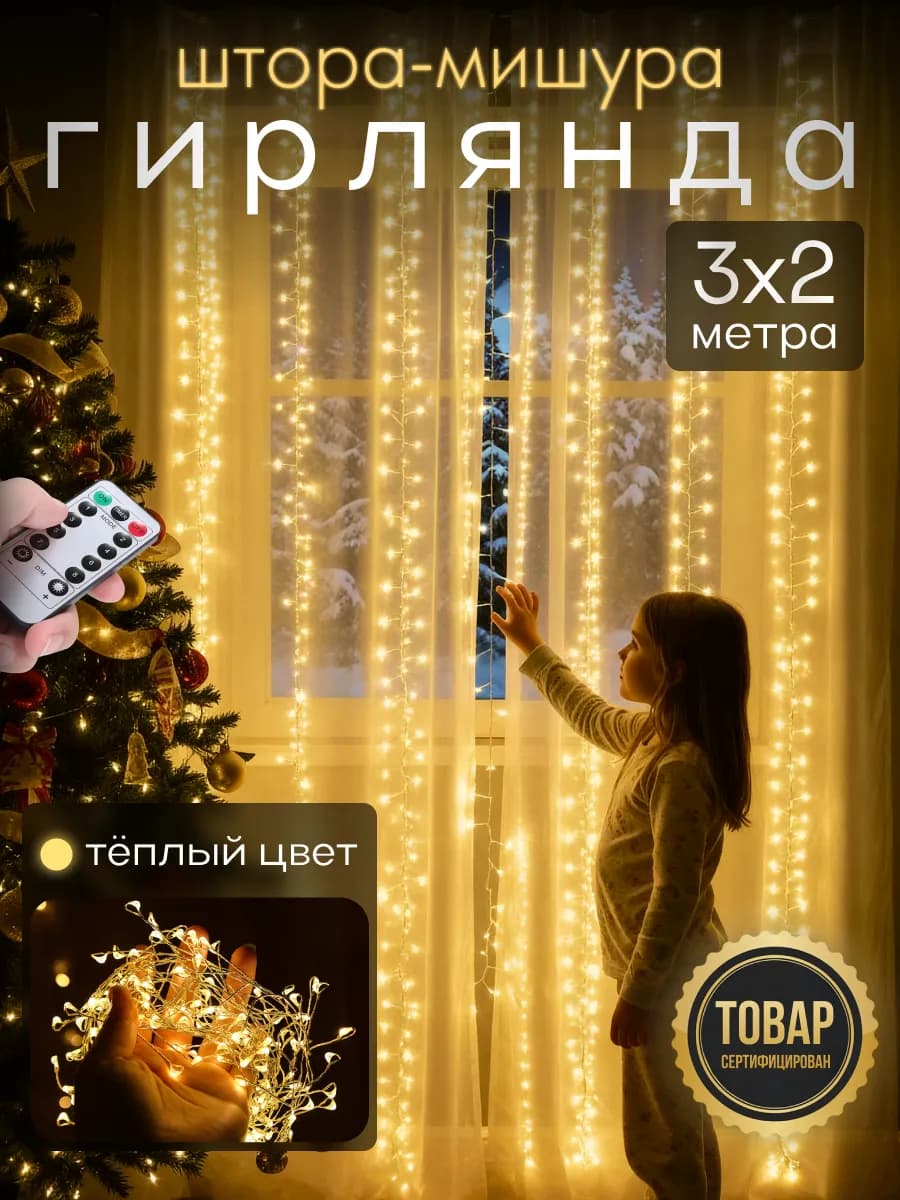Гирлянда штора роса новогодняя 3*2 с пультом
