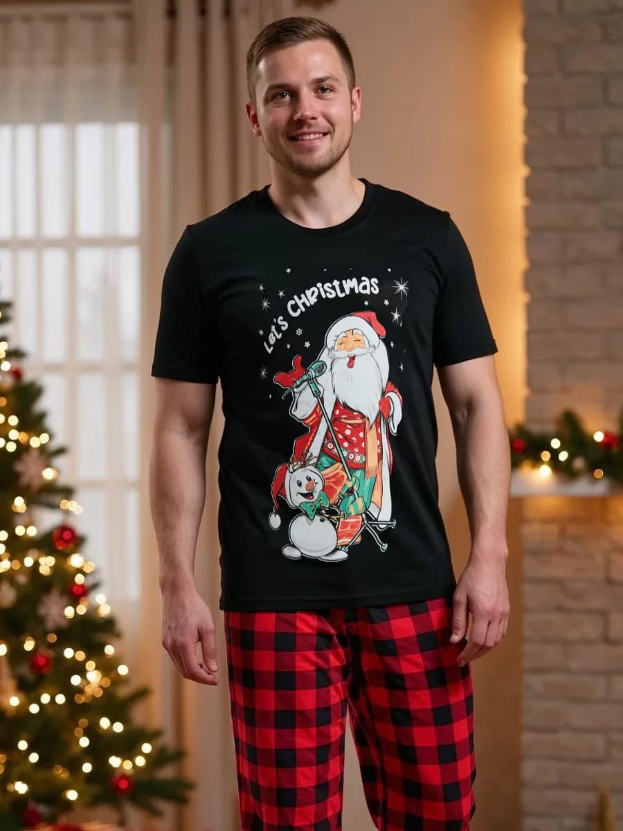 Новогодняя пижама со штанами в клетку Family Look семейная