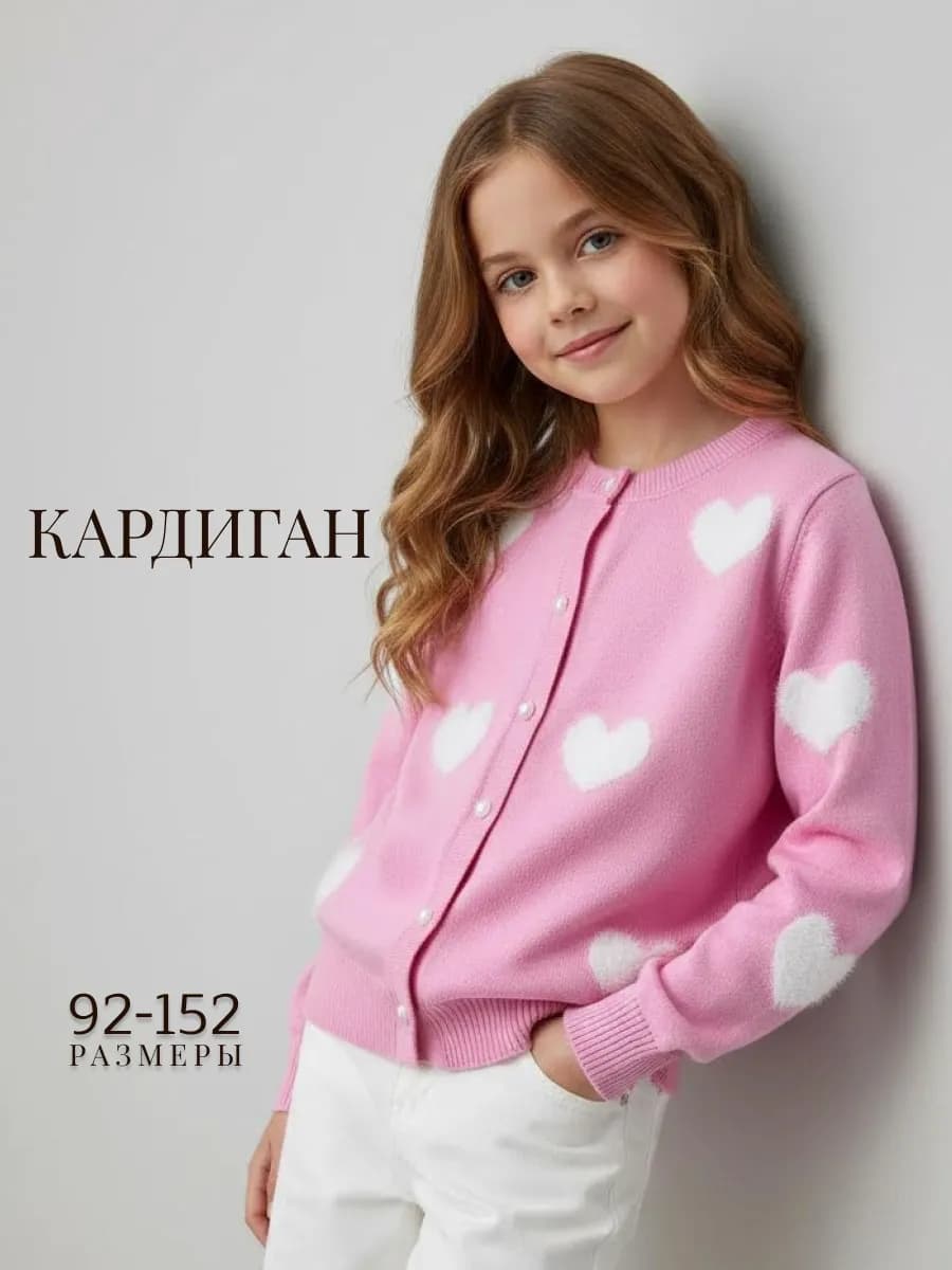 Кардиган вязаный на пуговицах розовый для девочек