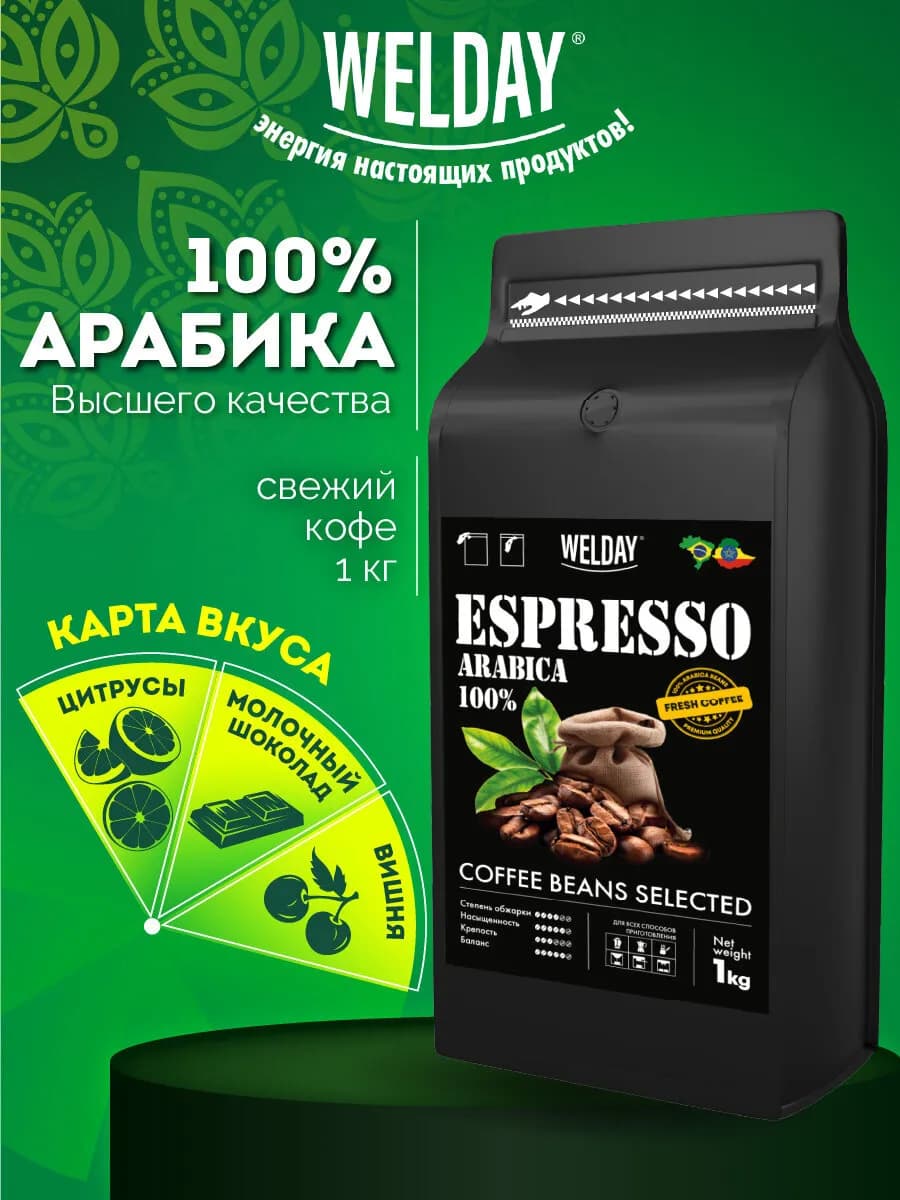 Кофе в зернах 1 кг, арабика 100%, для кофемашины и турки