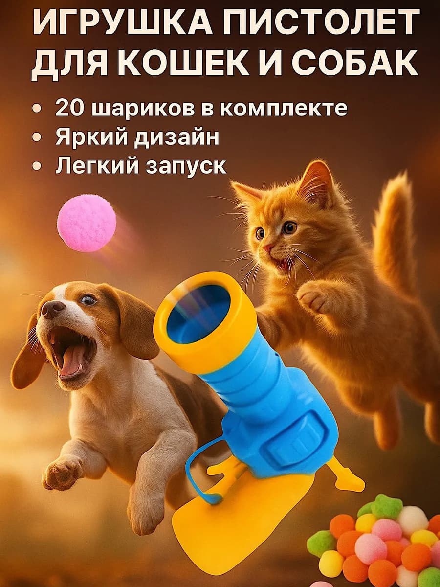 Игрушка пистолет для кошек и собак с шариками