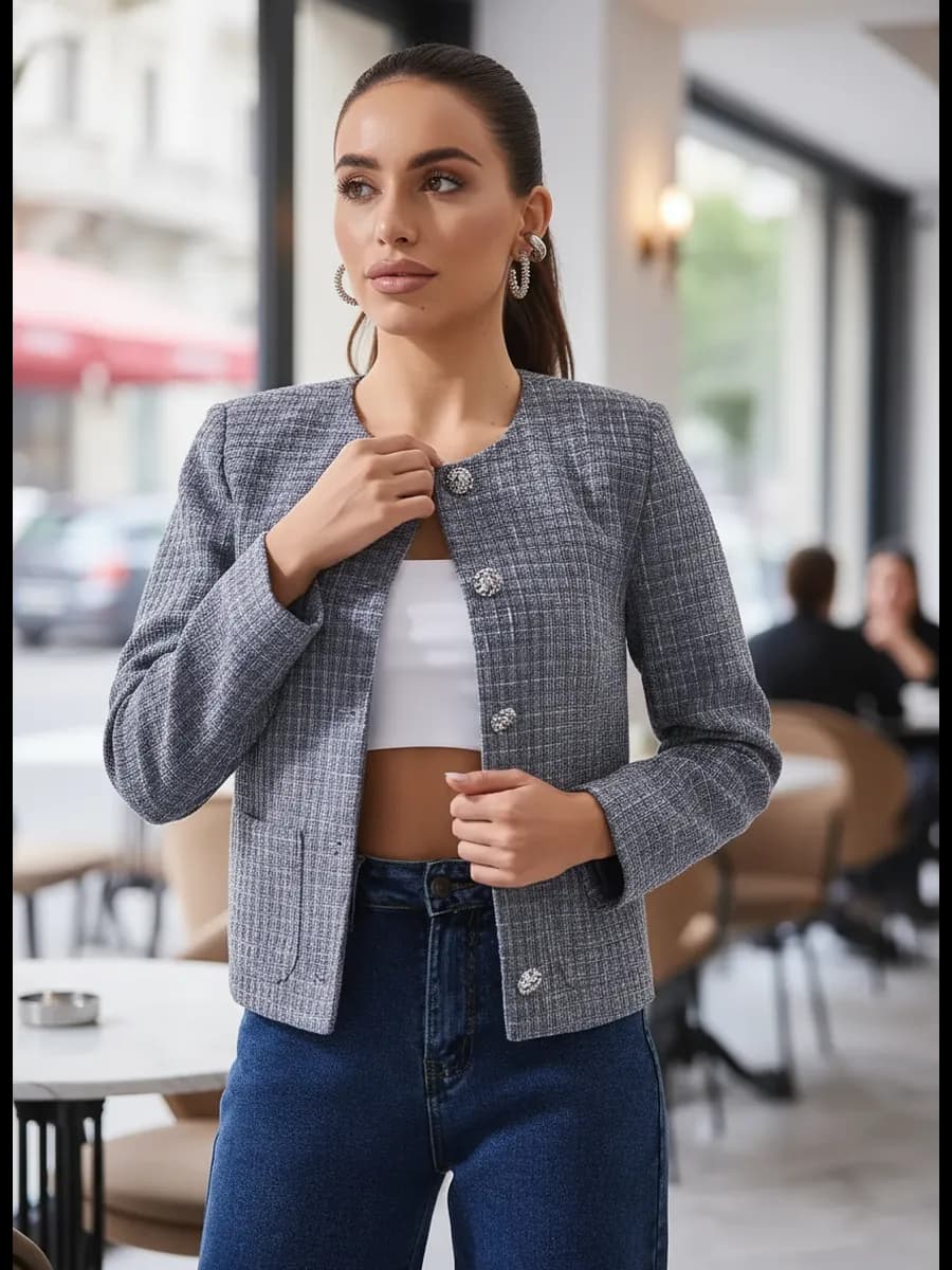 Жакет твидовый укороченный, нарядный - фото 1