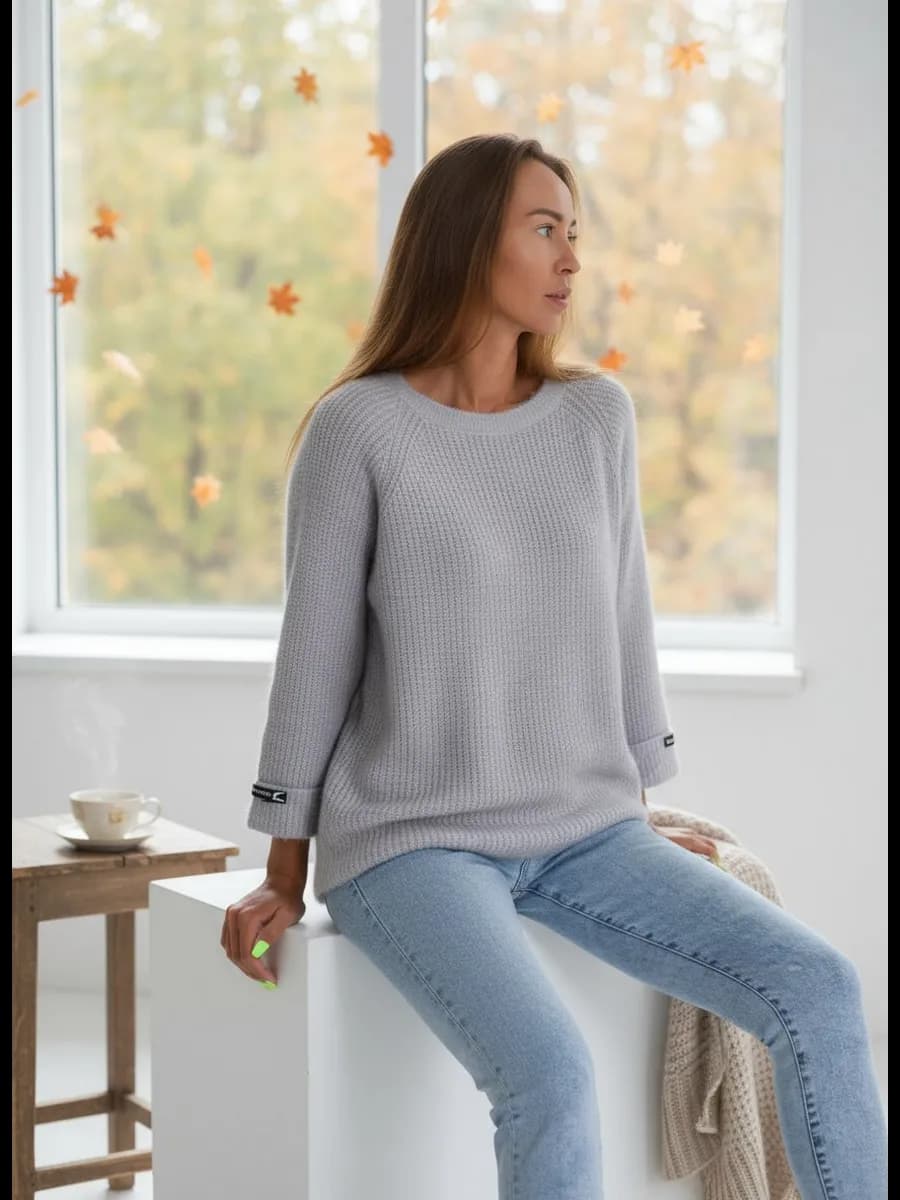 Свитер вязаный оверсайз укороченный рукав 3 4 пушистый