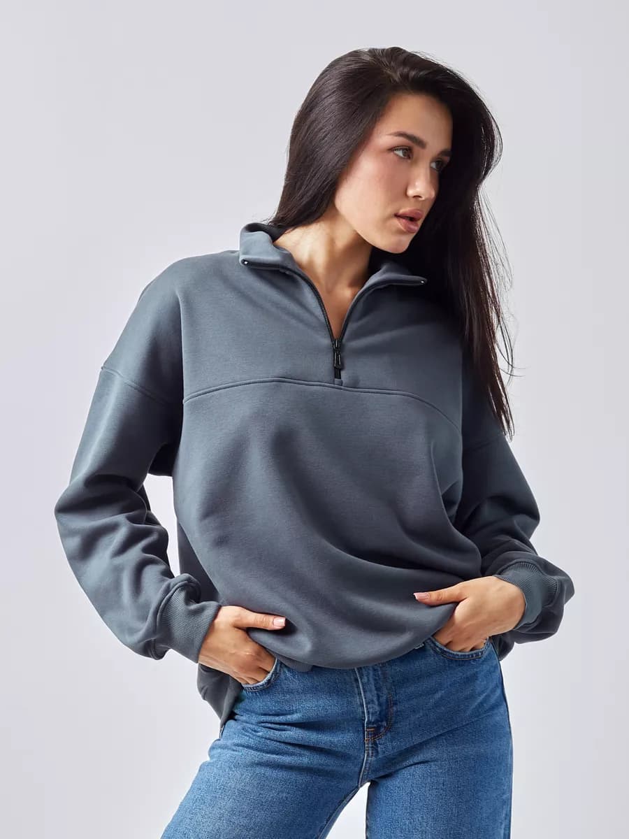 Свитшот оверсайз утепленный на молнии с начесом и воротником