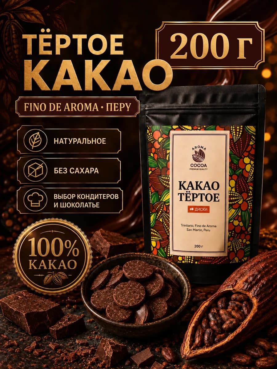 Какао тёртое натуральное в дисках Перу, 200 г
