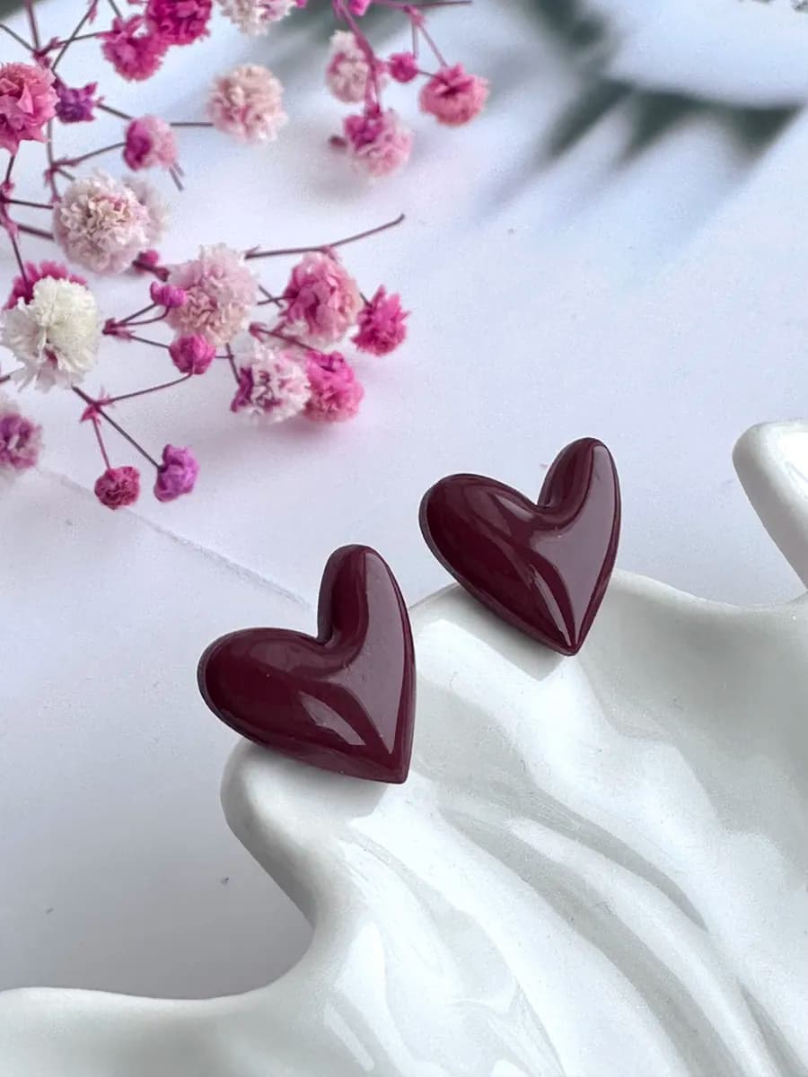 Серьги сердечки бижутерия бордовые