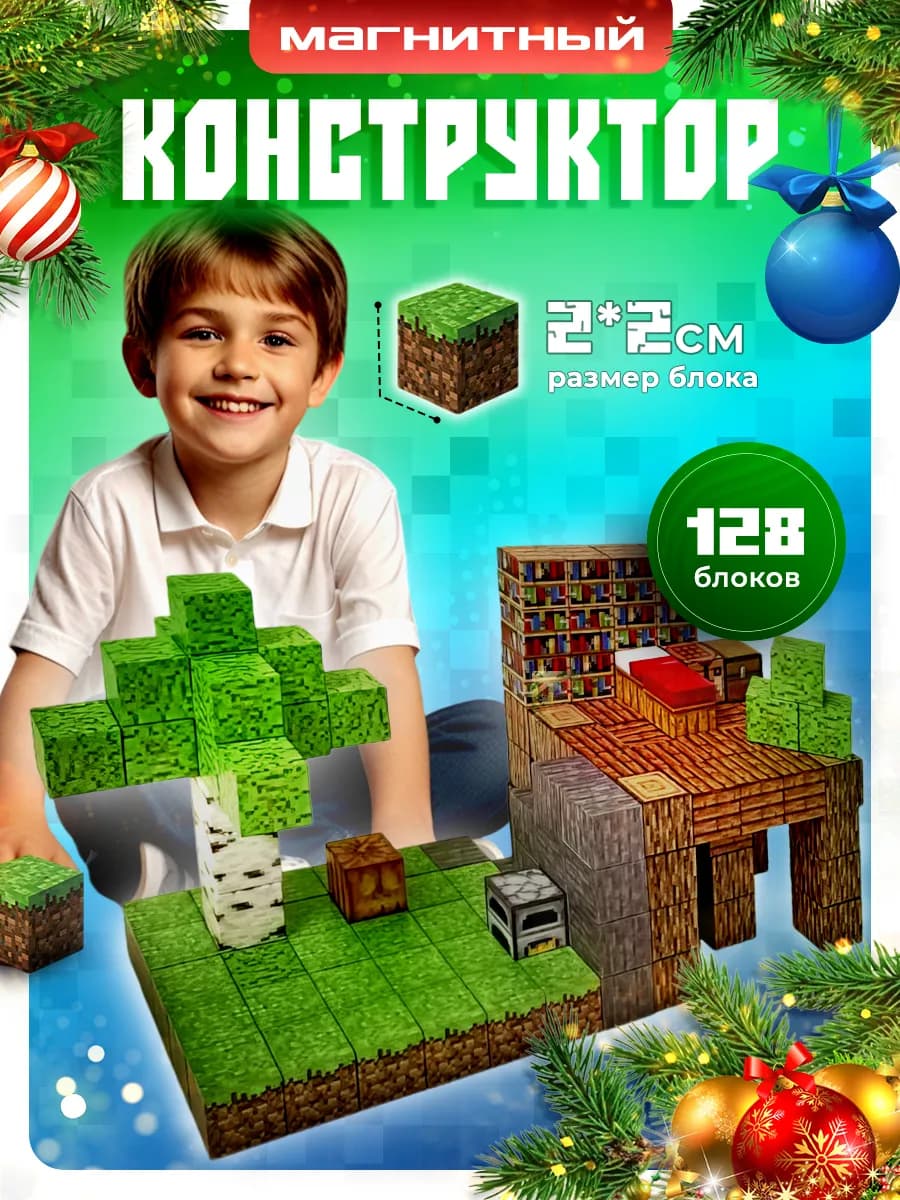 Магнитный конструктор Майнкрафт кубики 128 деталей - фото 1