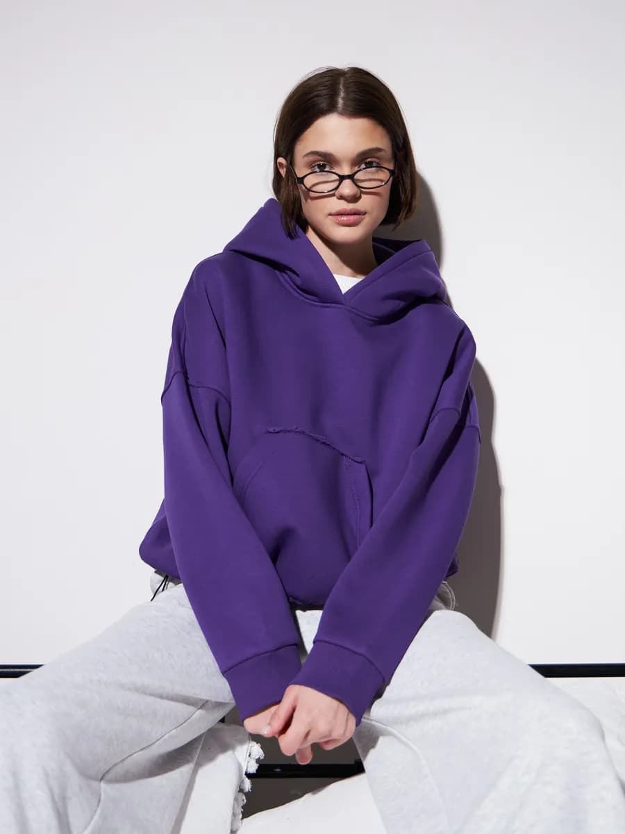 Худи кроп укороченное оверсайз с капюшоном и начесом - фото 1