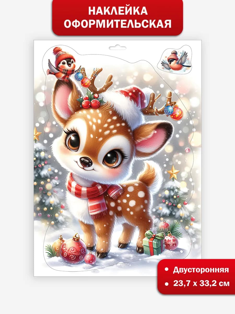 Двусторонняя новогодняя наклейки на окно оформление в школу - фото 1