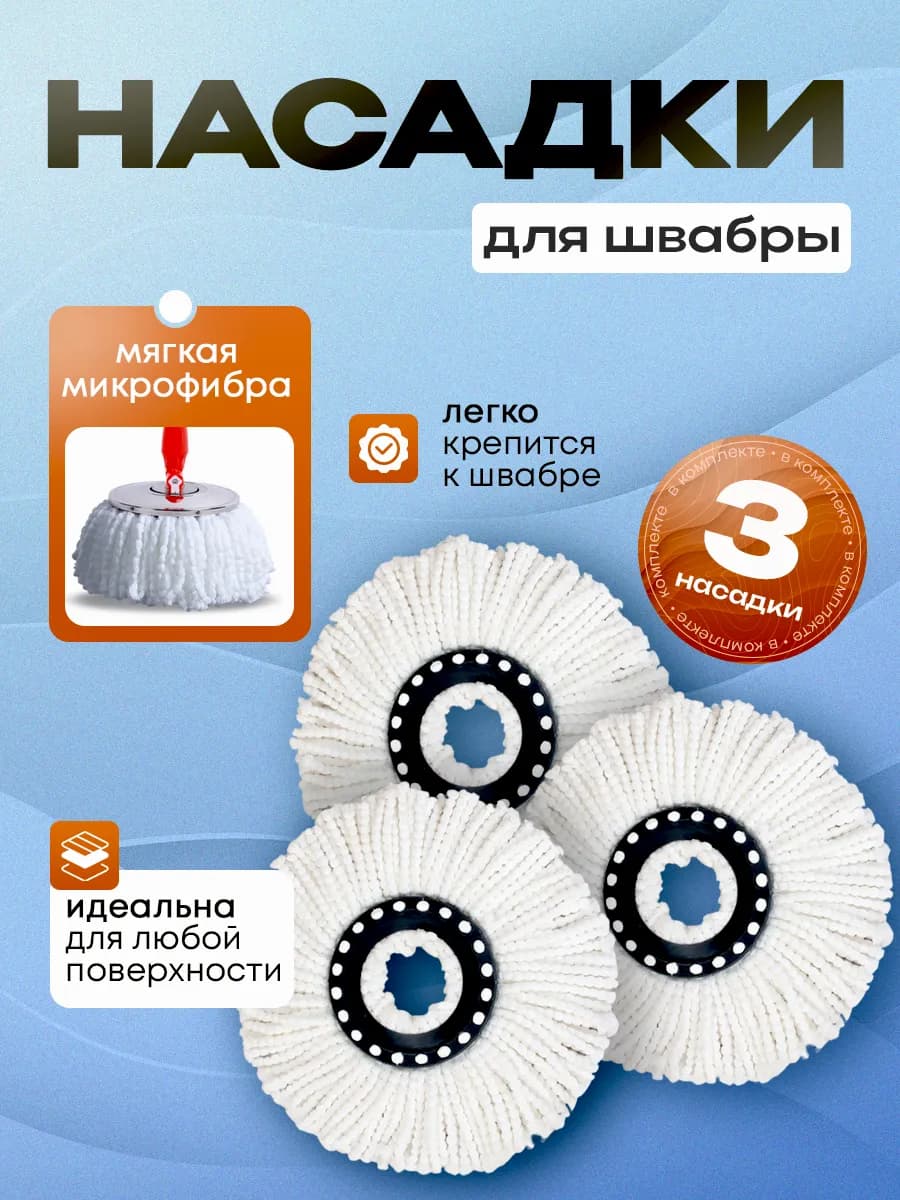 Сменная насадка для круглой швабры из микрофибры 3 шт