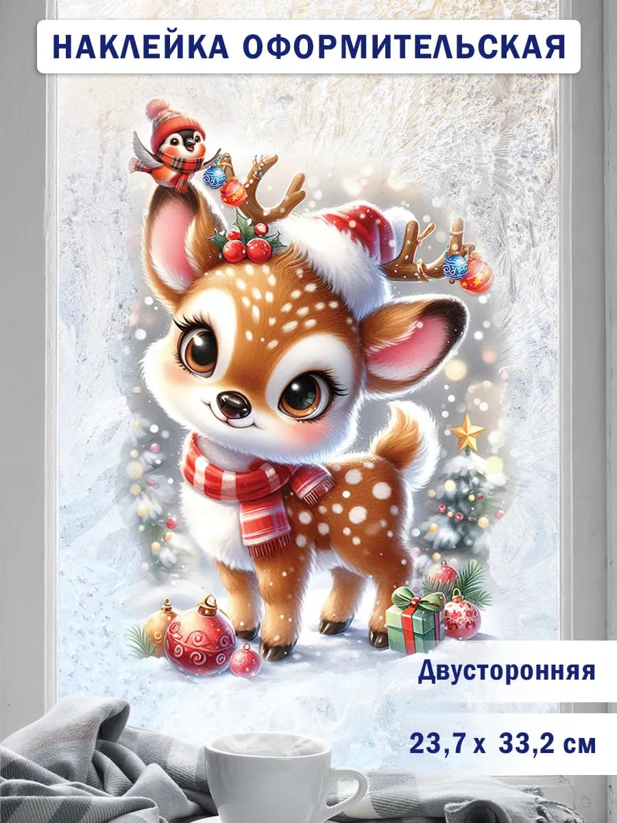 Двухсторонняя новогодняя наклейка на окна Олененок