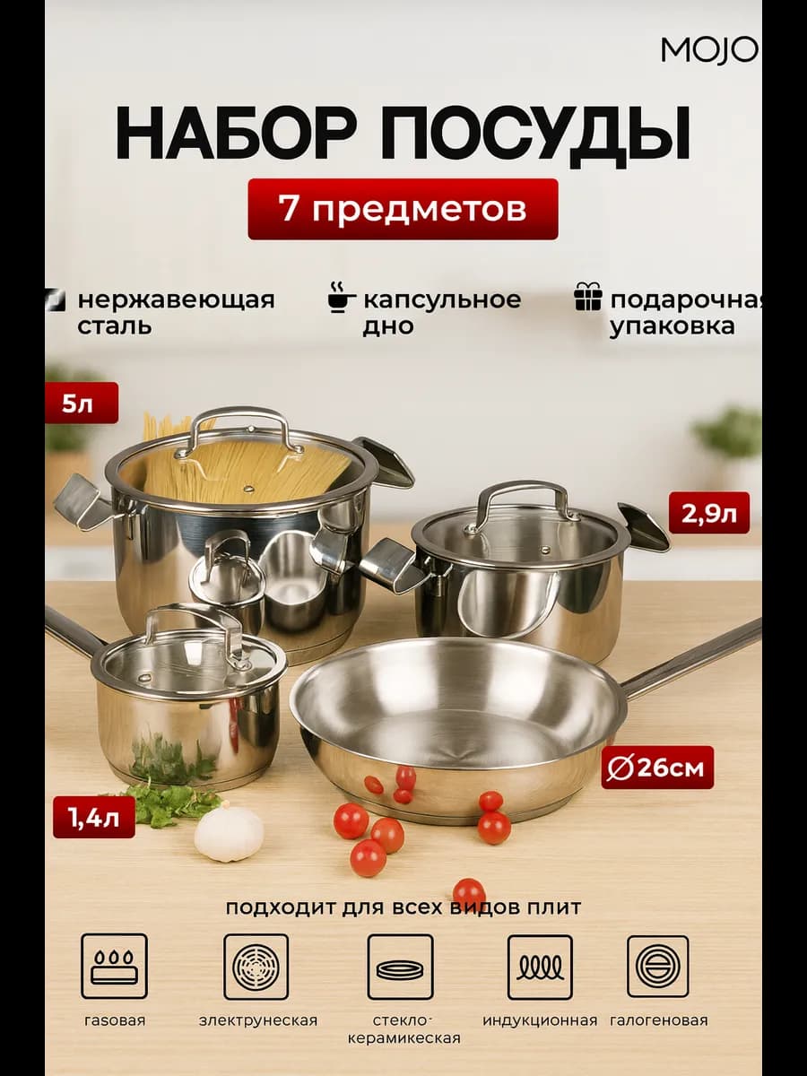 Набор кастрюль с крышками и сковородой