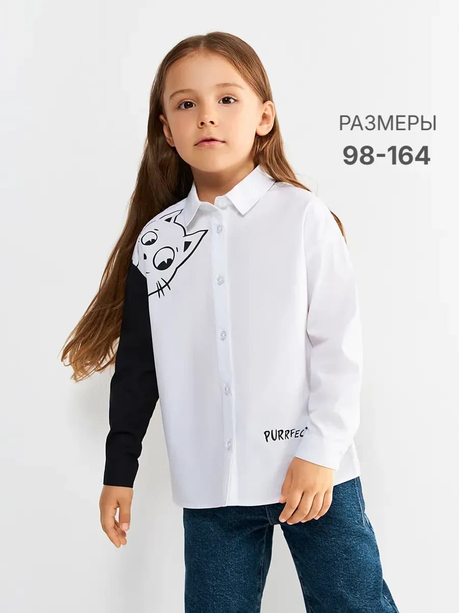 Блузка школьная оверсайз с котиком - фото 1
