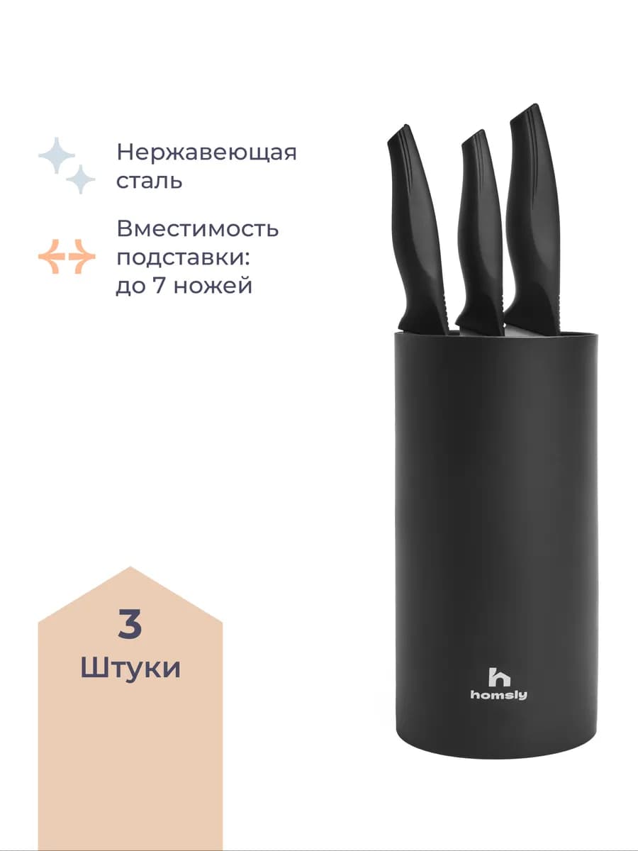 Набор ножей кухонных 3 штуки с подставкой, чёрный