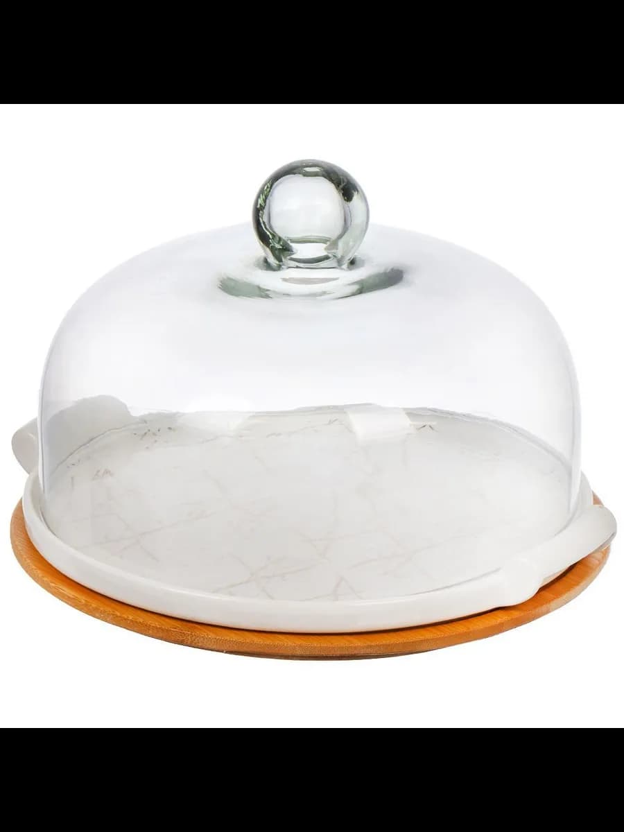 Тортница керамика 30см с крышкой белая мрамор