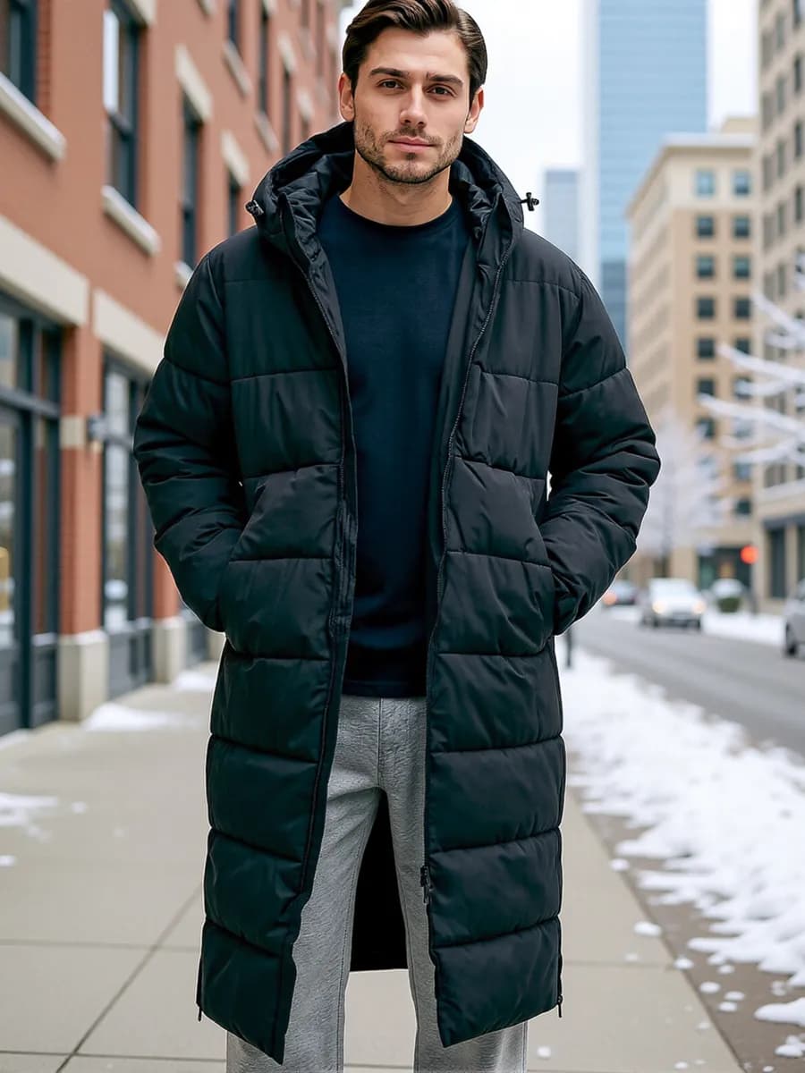 Длинное зимнее пальто на синтепоне