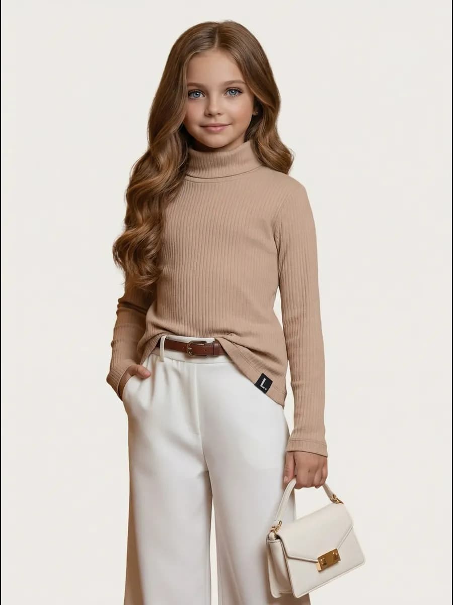 Бежевый лонгслив базовый для девочки водолазка