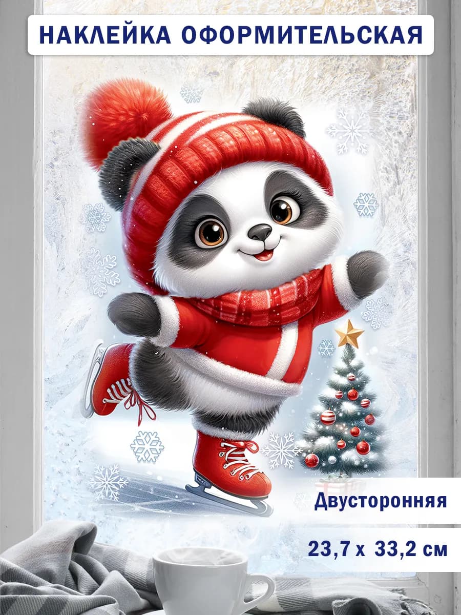 Новогодняя наклейка на окна "Панда", двухсторонняя