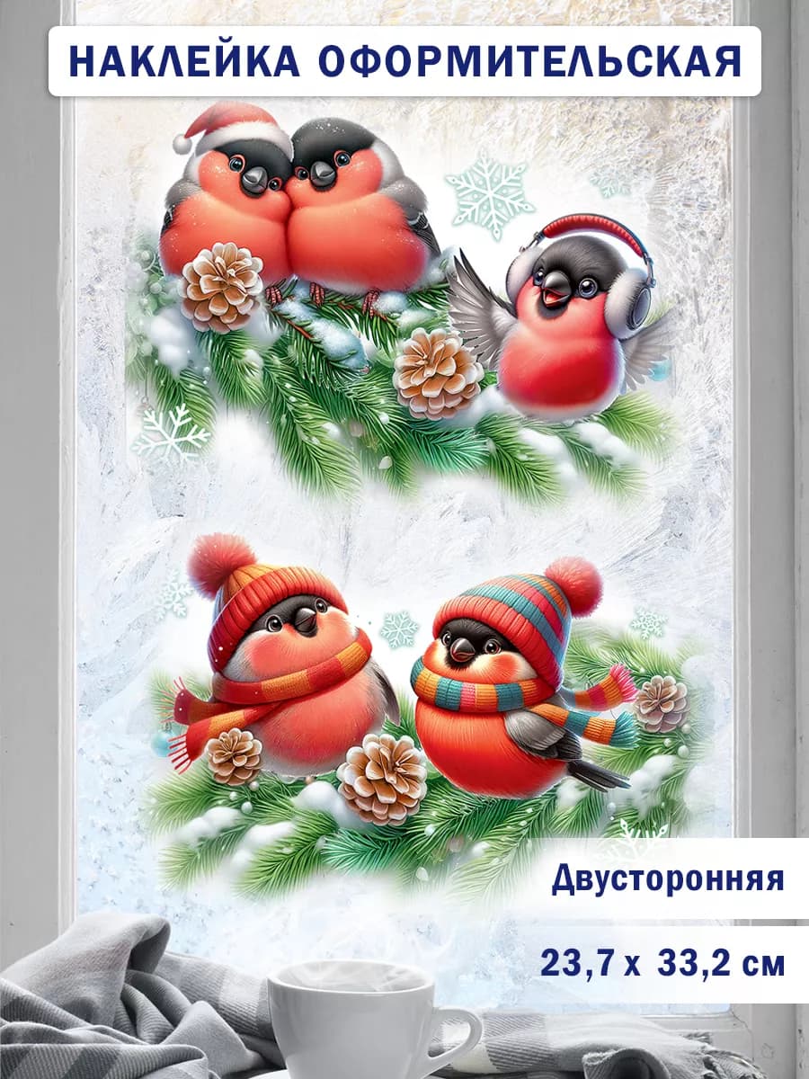 Новогодняя наклейка на окна "Снегири", двухсторонняя