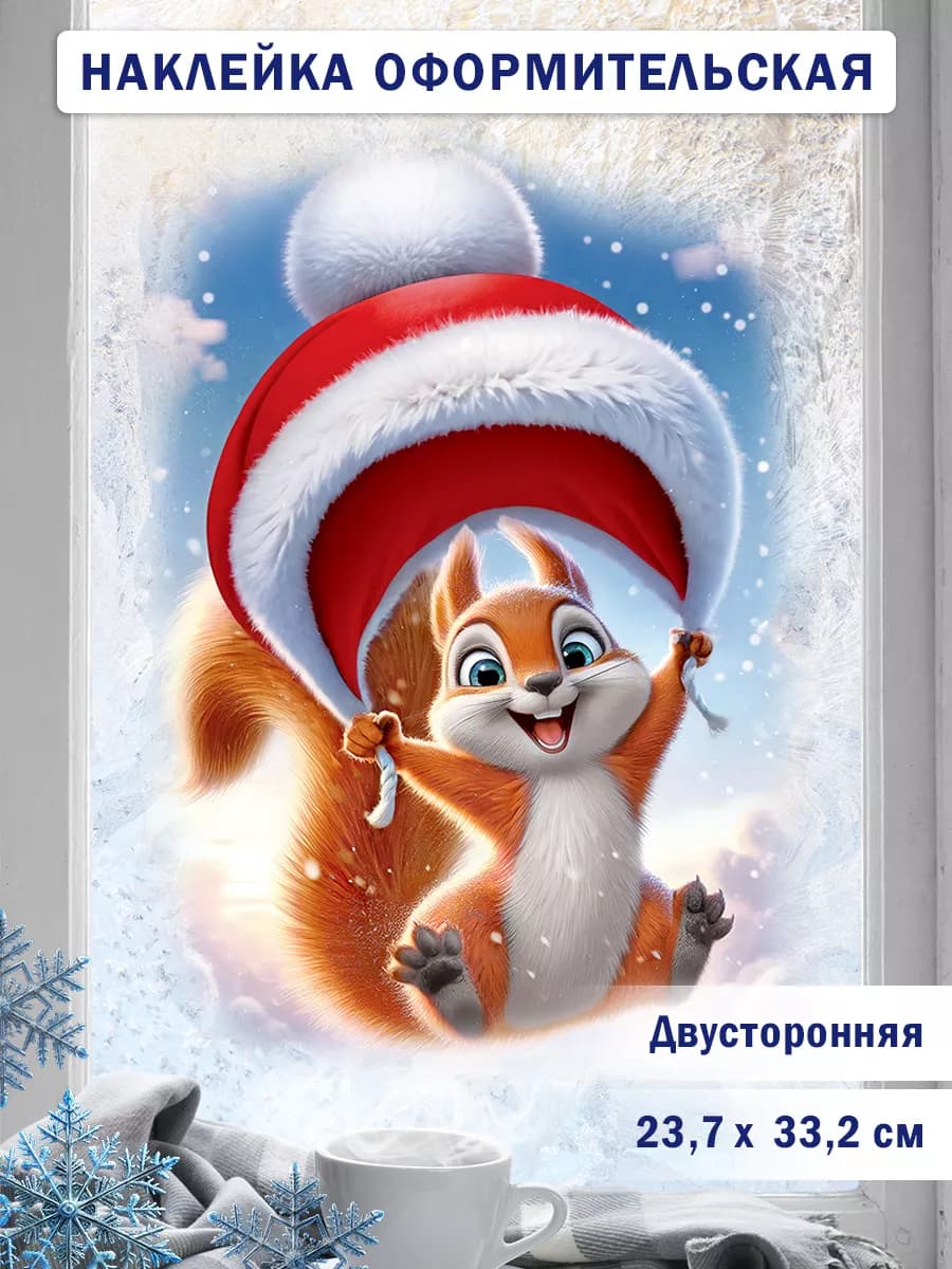Новогодняя наклейка на окна "Белочка с новогодней шапочкой"