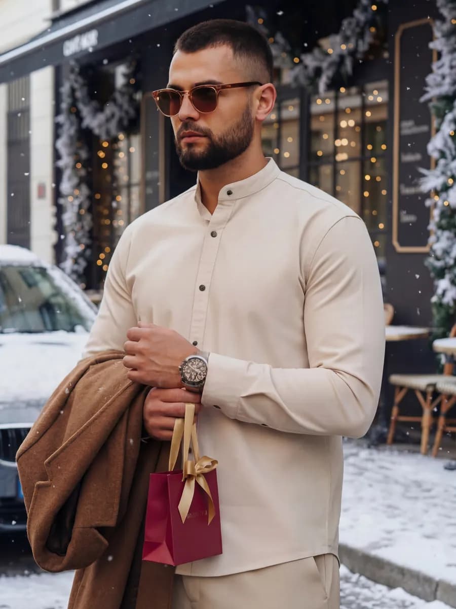 Рубашка приталенная на кнопках с воротником стойкой - фото 1