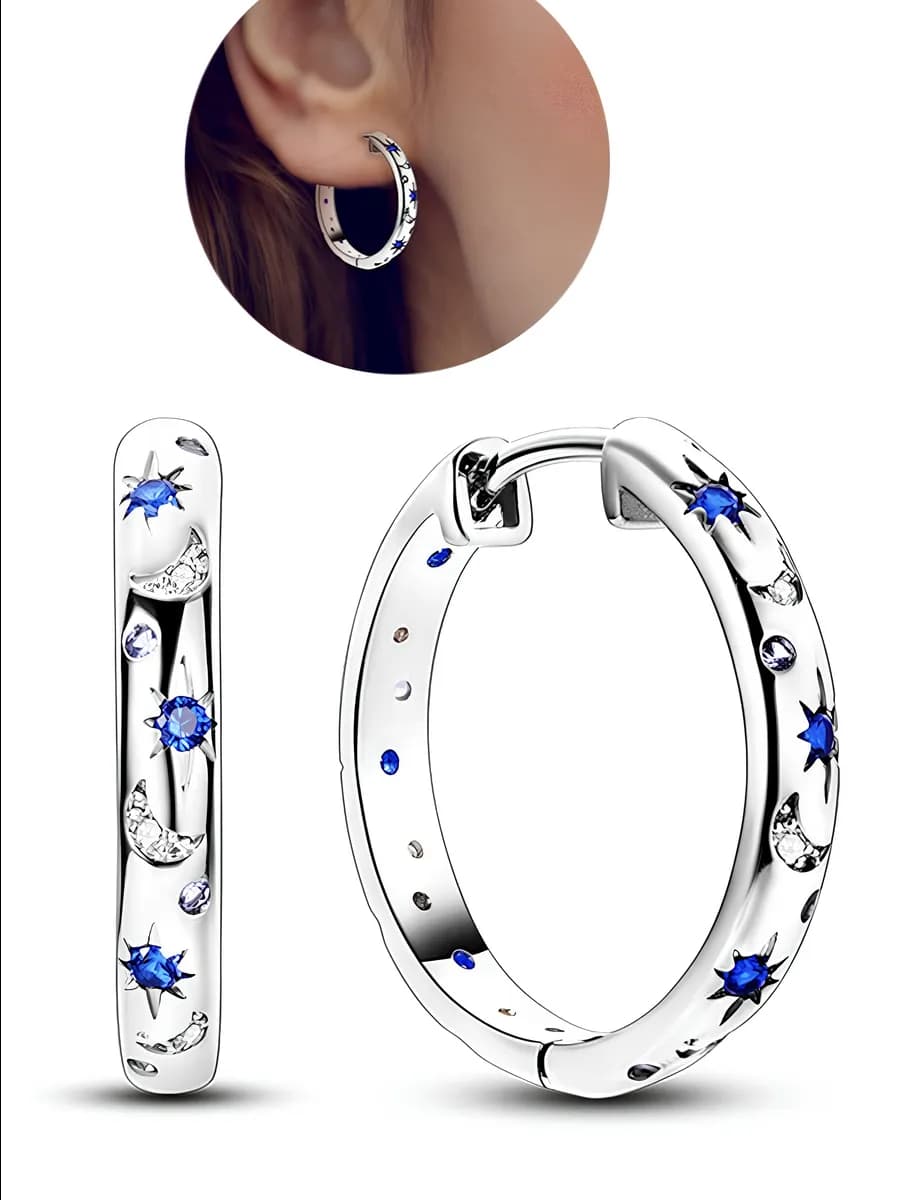 Серьги кольца с фианитами звезды и луна