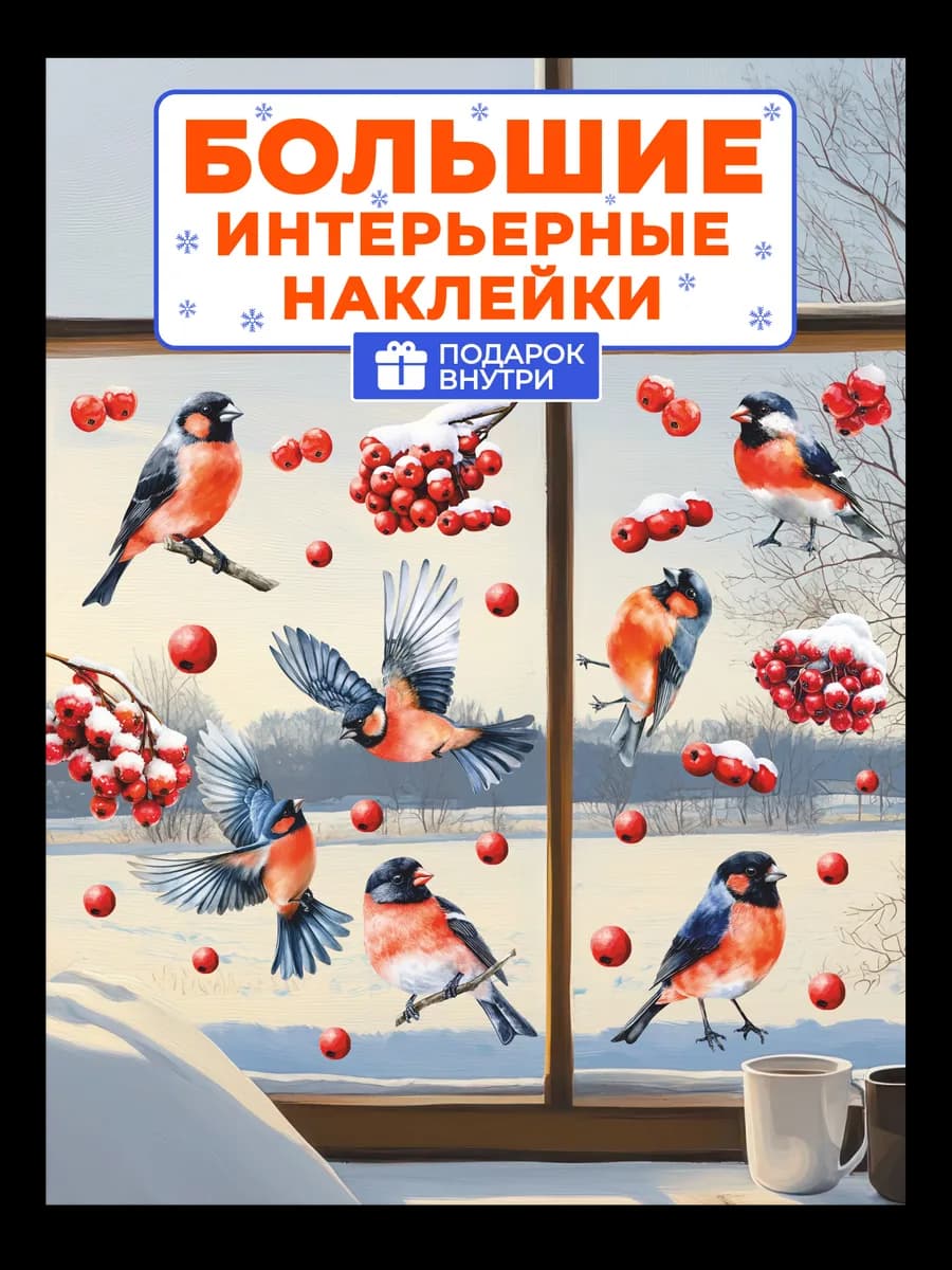 Новогодняя интерьерная наклейка на окна Снегири