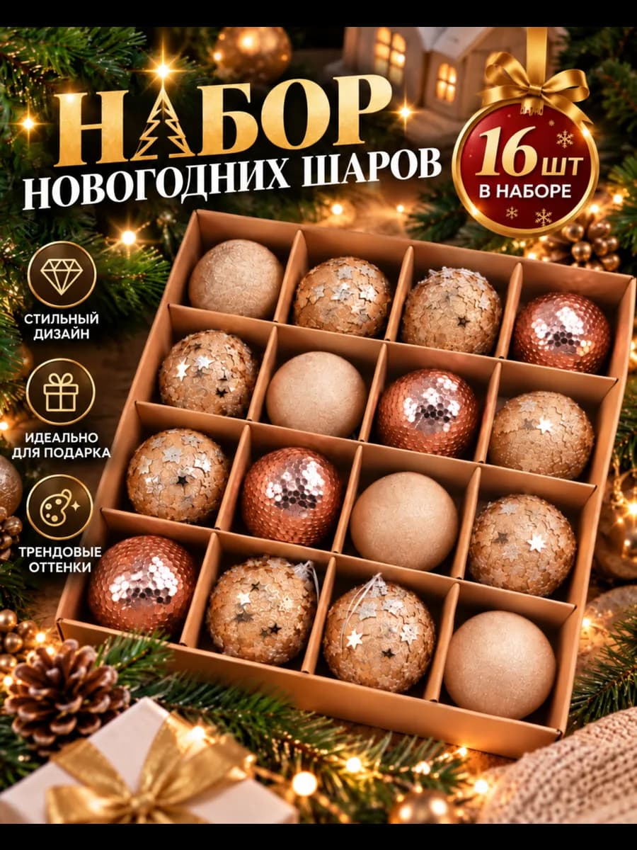Новогодний набор елочных игрушек шары 16 шт