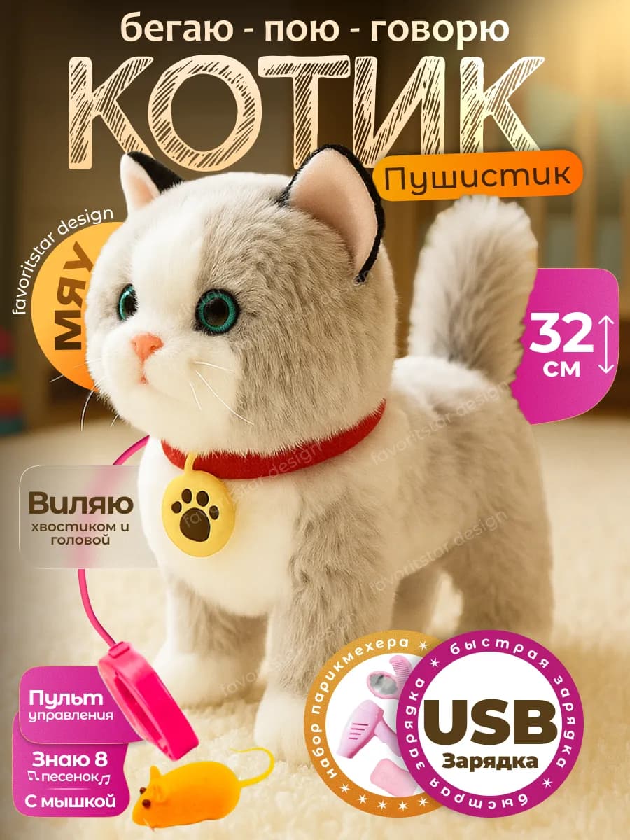 Интерактивная игрушка умный котенок на поводке - фото 1