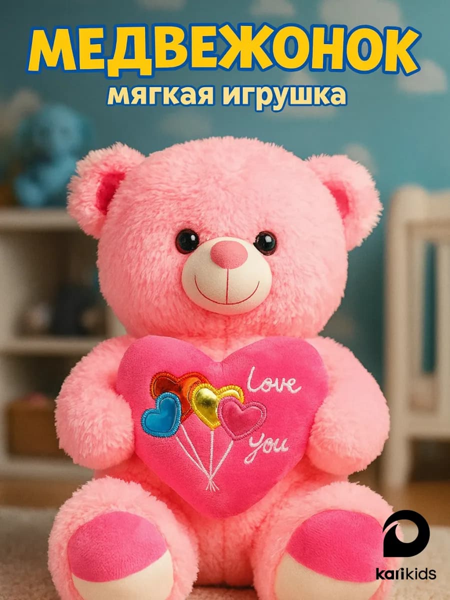 Мягкая игрушка плюшевый медведь с сердцем светящийся